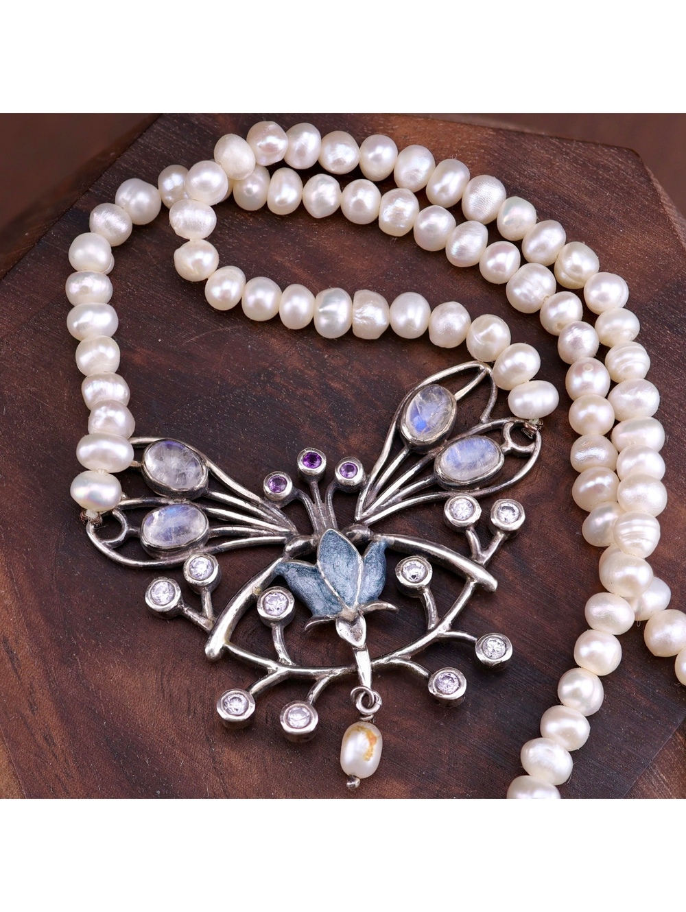 Vintage Sterling Silver Art Nouveau Pearl Moonstone Amethyst Festoon Necklace